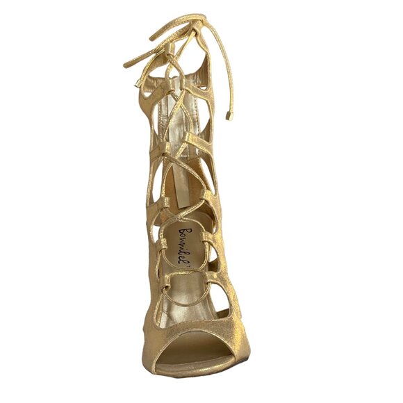 Gold Lace-Up Gladiator Stiletto Sandals – Metallic Cutout • Statement Heel - Picture 7 of 8